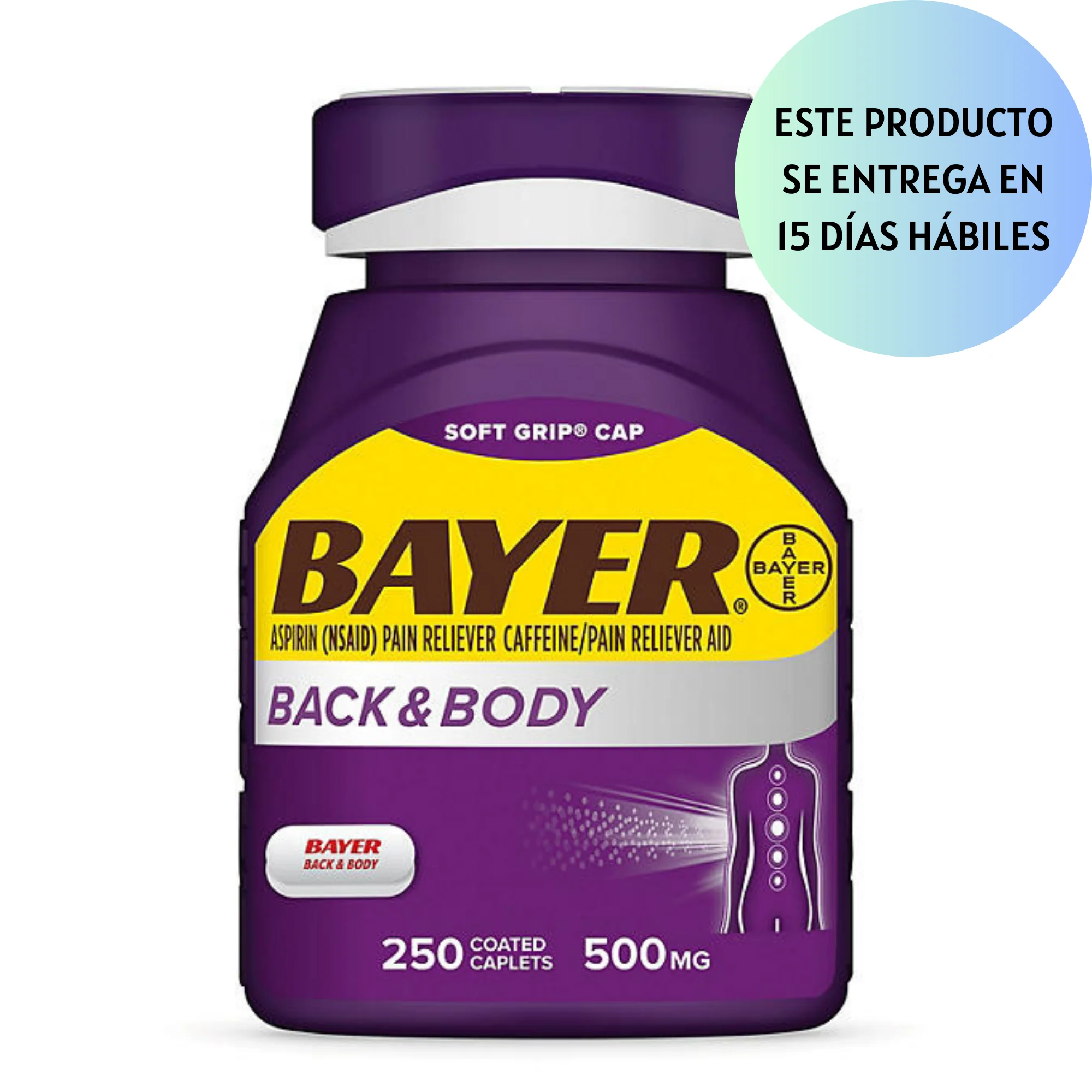 Bayer Back and Body Pain Reliever Aspirin con cafeína, 500mg, 250 ct.
