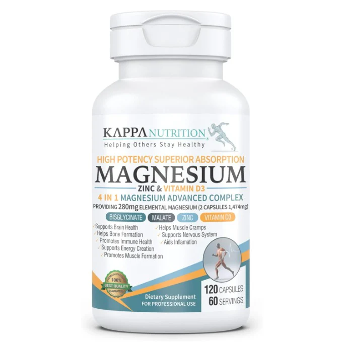 Kappa Nutrition Magnesio Advanced Complex  glicinato, bisglicinato, malato, zinc, vitamina D3 - 120 Cápsulas