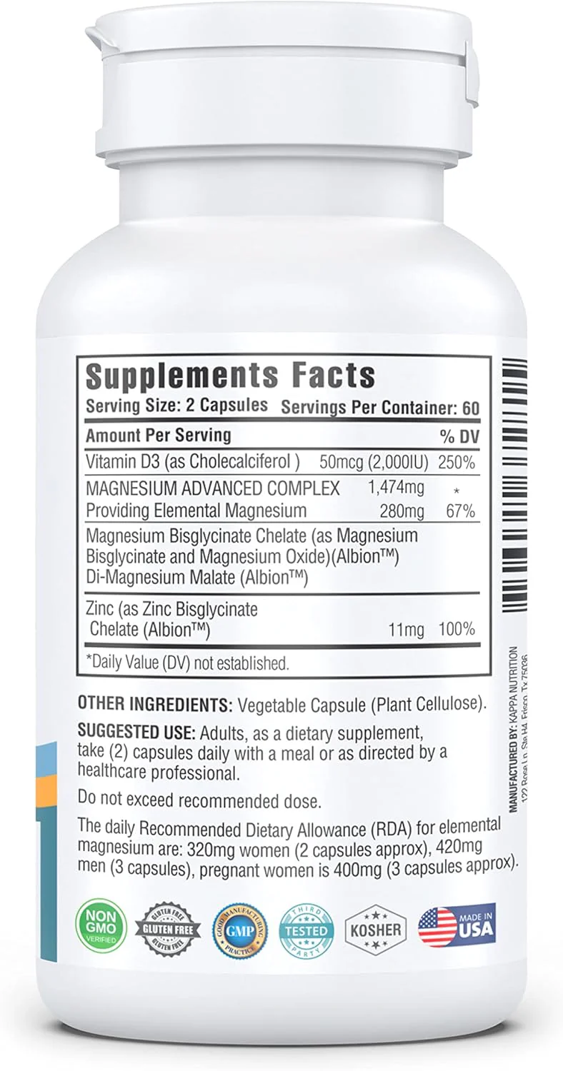 Kappa Nutrition Magnesio Advanced Complex  glicinato, bisglicinato, malato, zinc, vitamina D3 - 120 Cápsulas - Image 2